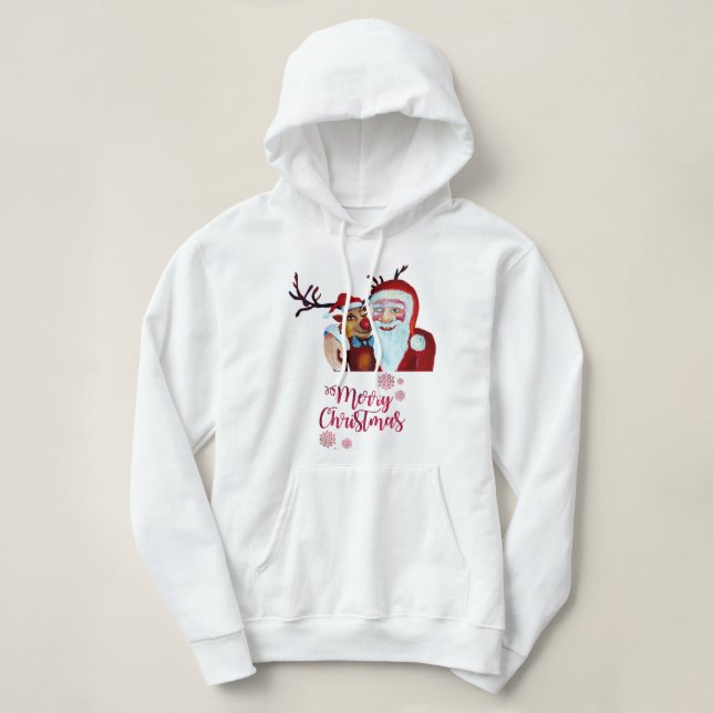 Pull À Capuche Aquarelle rire Père Noël Rudolf Sourire (Design devant)