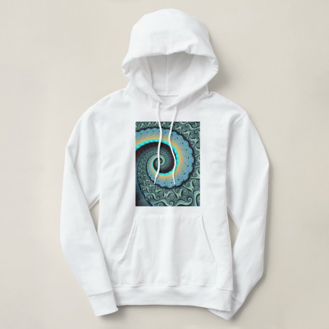 Pull À Capuche Art fractal spirale abstrait bleu turquoise orange (Design devant)