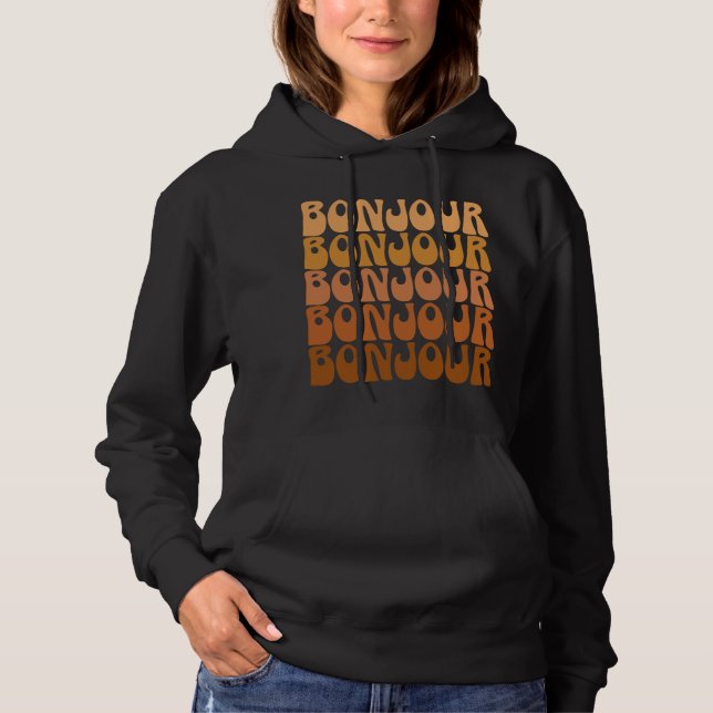 Pull À Capuche Bonjour French Hello Retro Brown Groovy Typography (Devant)