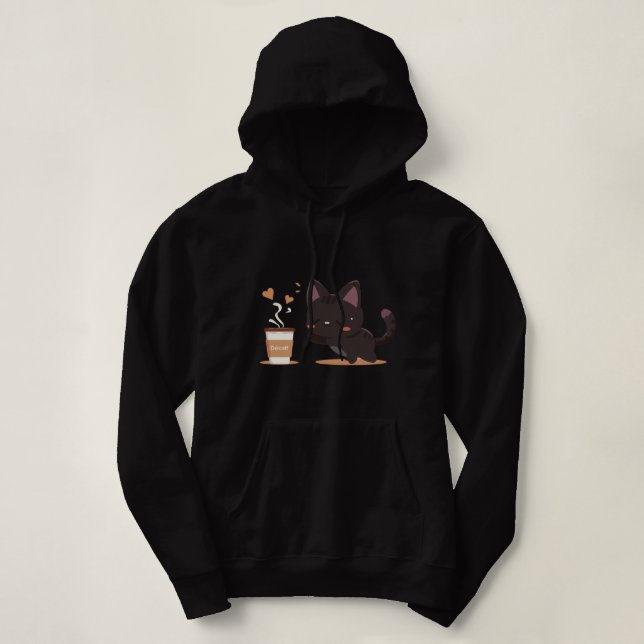 Pull À Capuche Café chat noir (décaféiné) (Design devant)