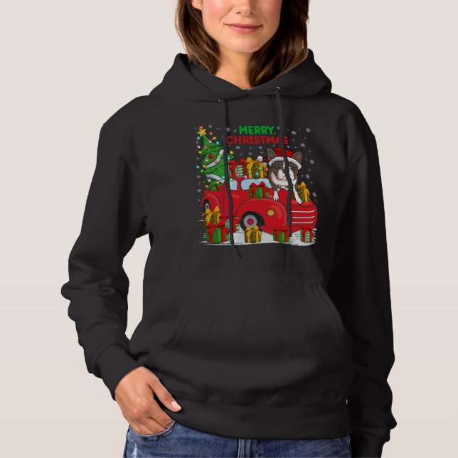 Pull À Capuche Camion rouge Xmas Tree - Éclairage Boston Terrier  (Devant)