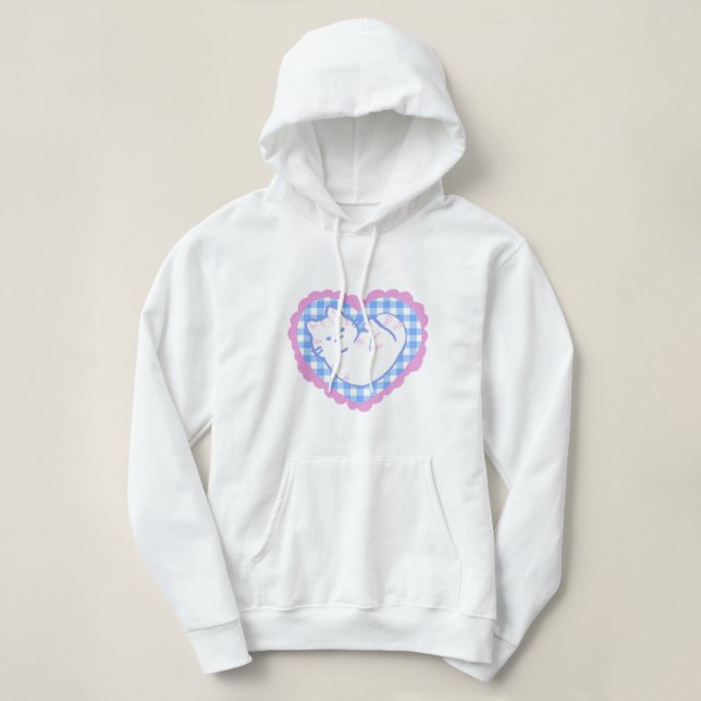 Pull À Capuche Cat in a Blue Gingham Heart  (Design devant)