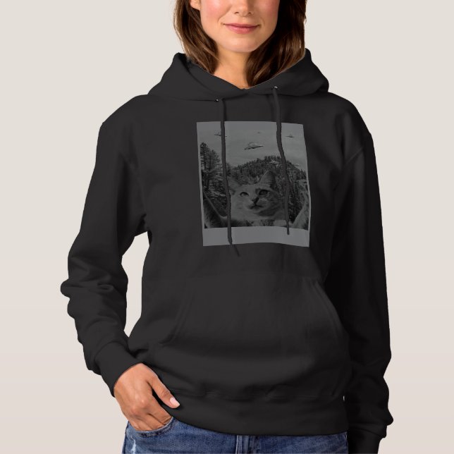 Pull À Capuche Cat Selfie Meme UFO Sighting Alien Conspiracy Sci  (Devant)