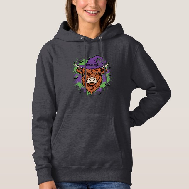 Pull À Capuche Chapeau de sorcière de vache des Highlands Hallowe (Devant)