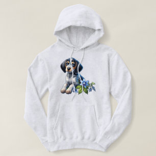Pull À Capuche Chiot bleu Tick Hound avec Fleurs Bleues Delicate