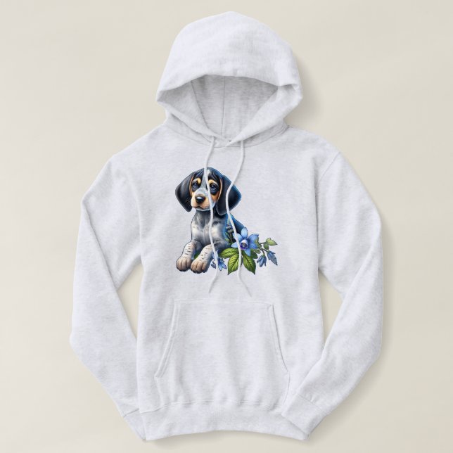 Pull À Capuche Chiot bleu Tick Hound avec Fleurs Bleues Delicate (Design devant)