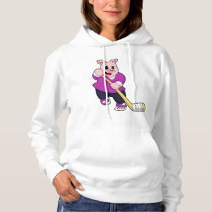 Pull À Capuche Cochon de hockey sur glace avec bâton de hockey su