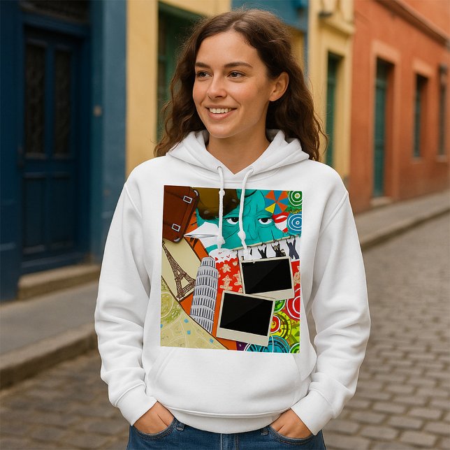 Pull À Capuche Collage de voyage avec des monuments emblématiques (Créateur téléchargé)