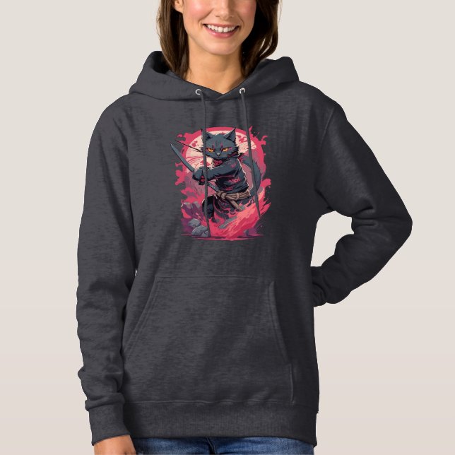 Pull À Capuche Cute Fire Splash Noir Ninja Chat Guerrier (Devant)
