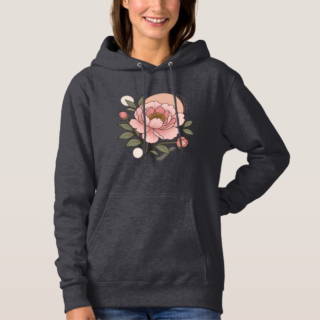 Pull À Capuche Élégant Sweatshirt Femme Art Botanique Pivoine Ros (Devant)
