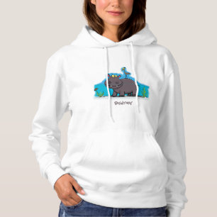 Pull À Capuche Ippopotame drôle mignon avec dessin animé d'oiseau