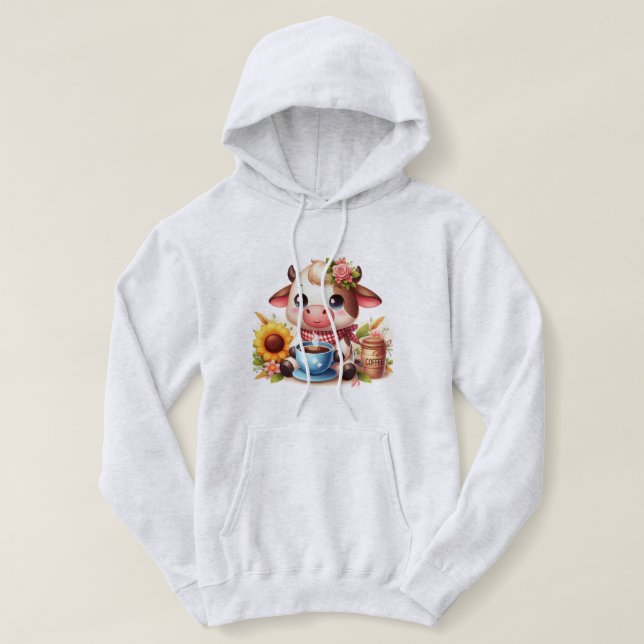 Pull À Capuche Jolie vache Cartoon Profitant Du Café (Design devant)