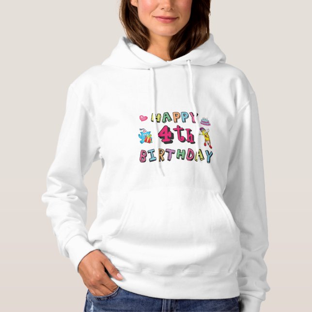 Pull À Capuche Joyeux 4e anniversaire. 4 ans b-jour. (Devant)