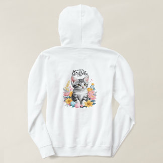 Pull À Capuche Joyeux Tabby Gris de Pâques avec fleurs