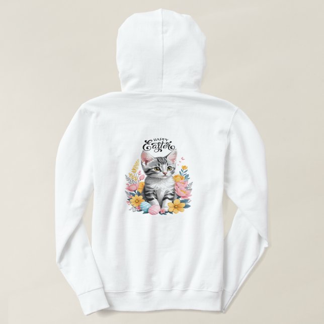 Pull À Capuche Joyeux Tabby Gris de Pâques avec fleurs (Design dos)