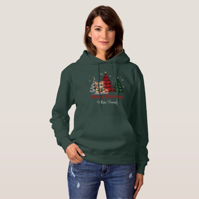 Pull À Capuche Merry Christmas| Trees| Cute Cat Name Personalized (Devant entier)