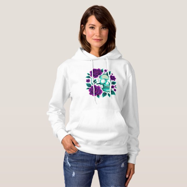 Pull À Capuche Neon Bloom – Crâne dans les Roses (Devant entier)