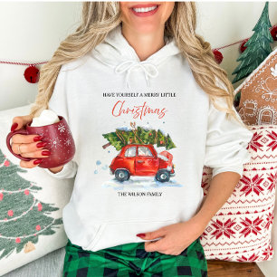 Pull À Capuche Noël Vintage personnalisé - Voiture rouge avec arb