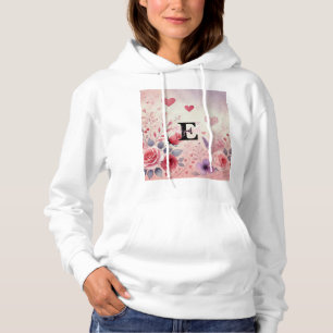 Pull À Capuche Nom monogramme Saint-Valentin cœurs floral aquarel