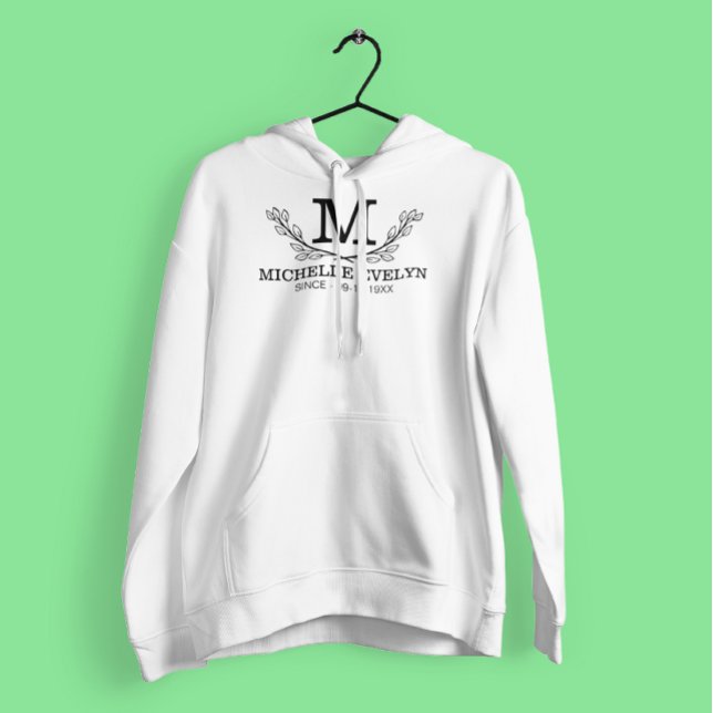 Pull À Capuche Nom noir et blanc personnalisé Monogramme Age (Créateur téléchargé)