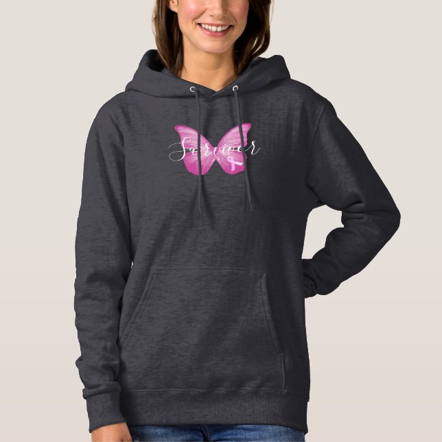 Pull À Capuche Papillon rose Cancer du sein Survivant (Devant)
