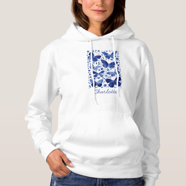 Pull À Capuche Papillons Aquarelle Bleu (Devant)