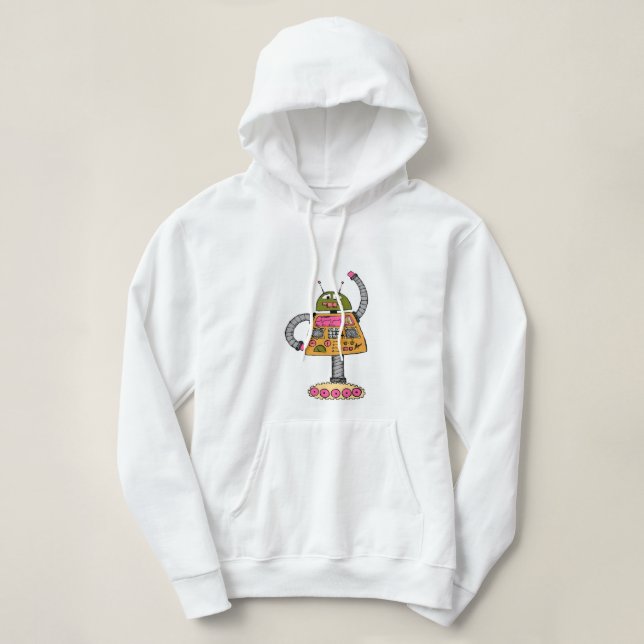 Pull À Capuche Robot Frankie, orange sur blanc (Design devant)