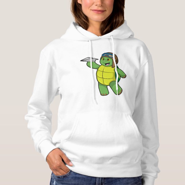 Pull À Capuche Tortue comme pilote avec avion en papier (Devant)