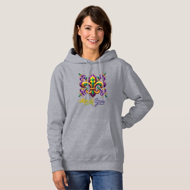 Pull À Capuche Violet jaune vert Mardi Gras fleur de lis (Devant entier)