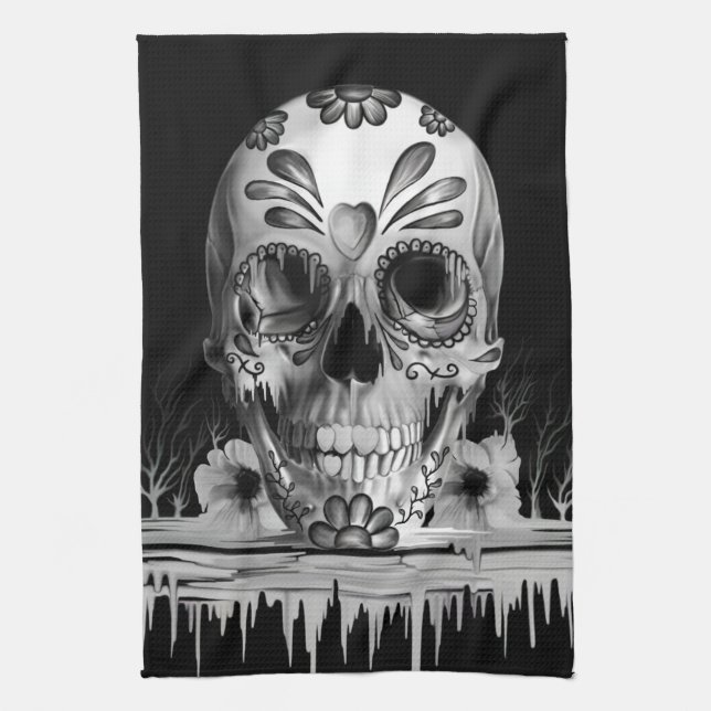 Pulled sugar, melting sugar skull kitchen towel (Vertical)