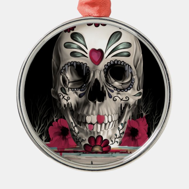 Pulled sugar, melting sugar skull metal ornament (Front)
