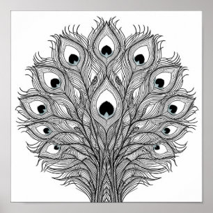 Pulsating Peacock Feather Decoupage Template Line  Poster