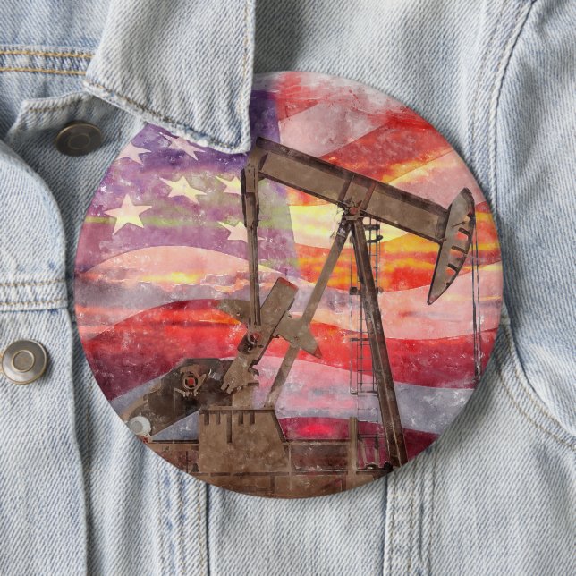 Pumpjack silhouette pastel drawing American Flag 6 Inch Round Button (In Situ)