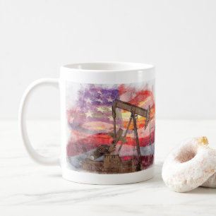 Pumpjack silhouette pastel drawing American Flag Coffee Mug