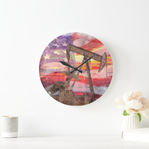 Pumpjack silhouette pastel drawing American Flag Large Clock