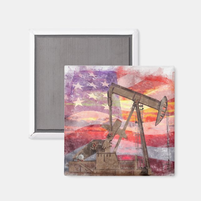 Pumpjack silhouette pastel drawing American Flag Magnet (Front/Back)