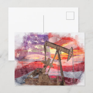 Pumpjack silhouette pastel drawing American Flag Postcard