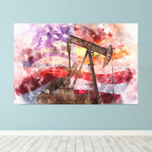 Pumpjack silhouette watercolor with American Flag Canvas Print