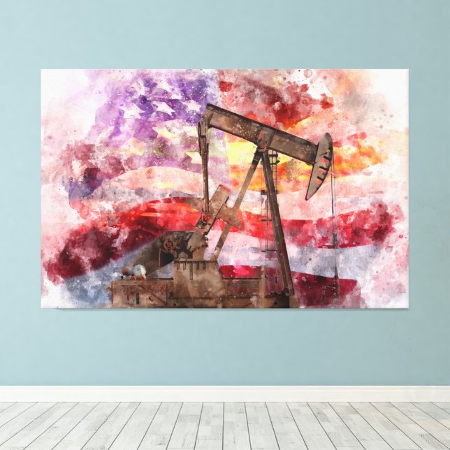 Pumpjack silhouette watercolor with American Flag Canvas Print (Insitu(Wood Floor))