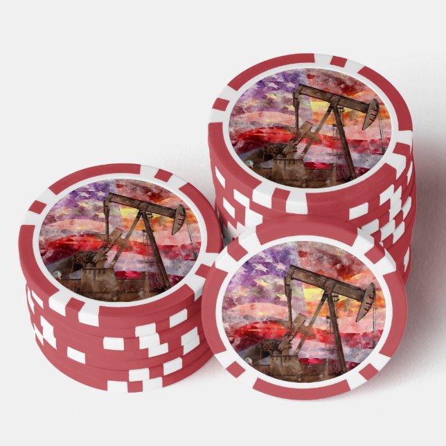 Pumpjack silhouette watercolor with American Flag Poker Chips (Stack)