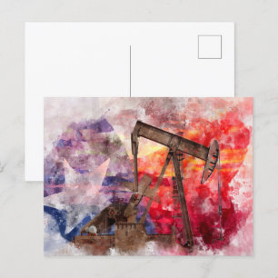 Pumpjack Texan icon watercolor with Texas Flag Postcard