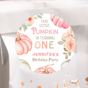 Pumpkin 1st Birthday Bold Pink Girl Floral Party Classic Round Sticker