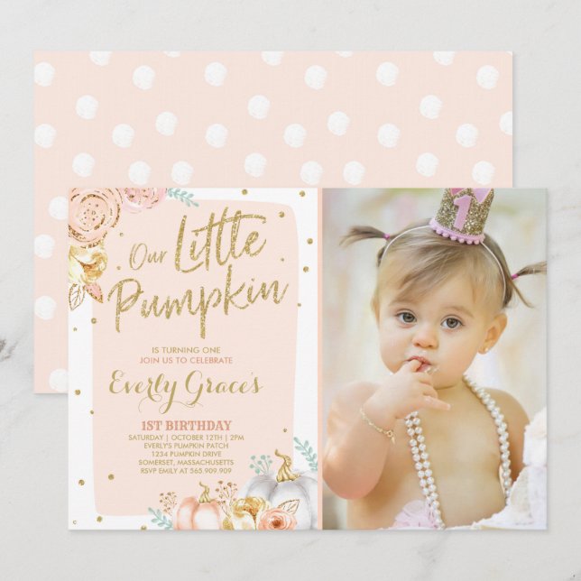 Pumpkin 1st Birthday Invitation Blush Pink Gold (Front/Back)