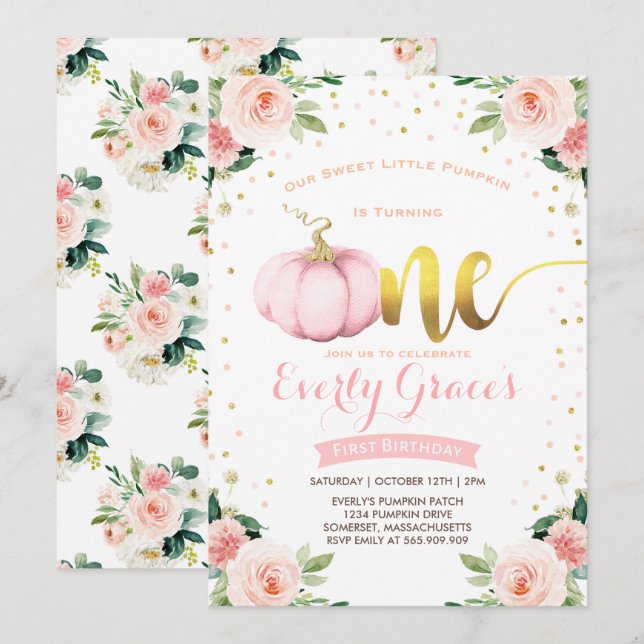 Pumpkin 1st Birthday Invitation Blush Pink Gold (Front/Back)