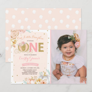 Pumpkin 1st Birthday Invitation Blush Pink Gold