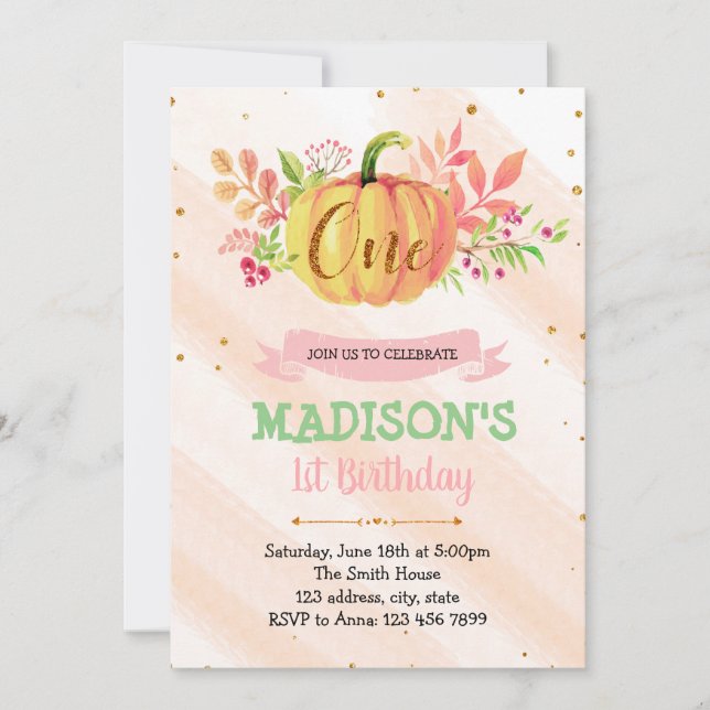 Pumpkin 1st birthday invitation card (Front)