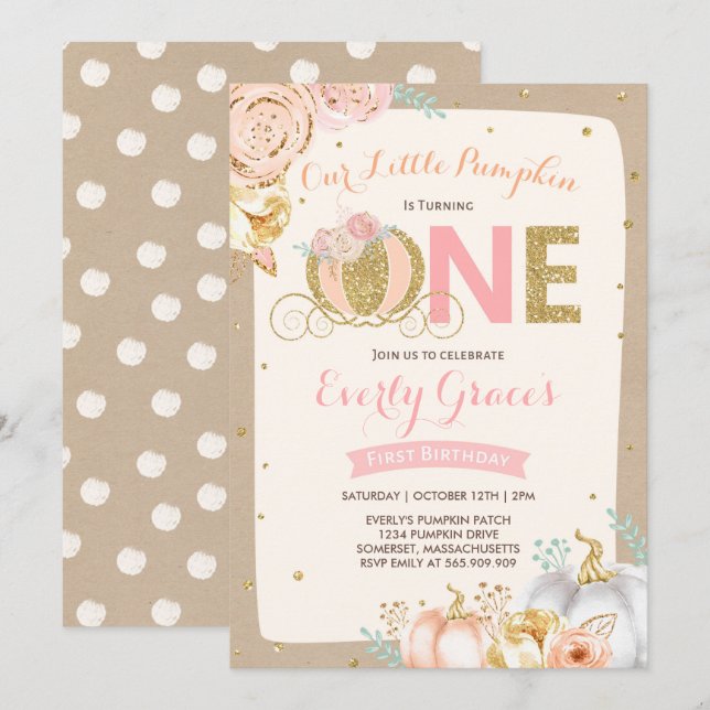 Pumpkin 1st Birthday Invitation Rustic Pink Gold (Front/Back)