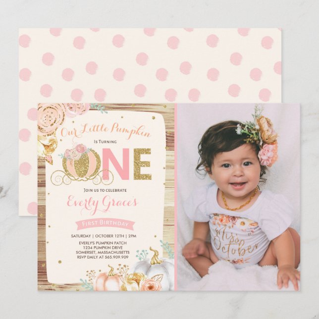 Pumpkin 1st Birthday Invitation Rustic Pink Gold (Front/Back)