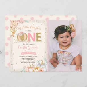 Pumpkin 1st Birthday Invitation Rustic Pink Gold