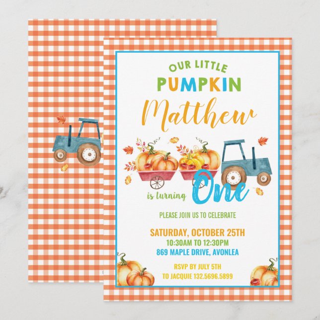 Pumpkin 1st Birthday Party Harvest Truck Boy Invitation (Front/Back)